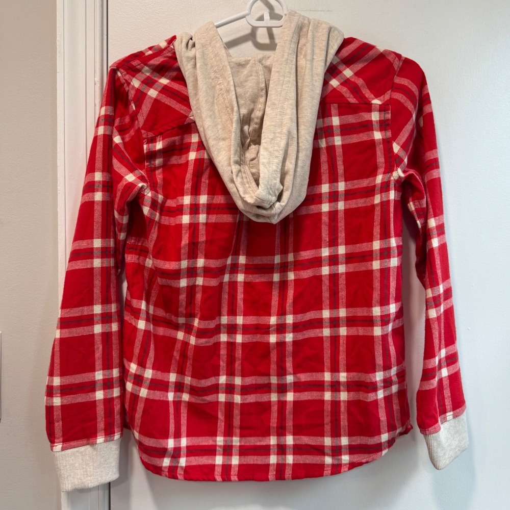 Hanna Andersson Kids Red Plaid Hooded Flannel Shirt Button Up Size 10 140cm - Picture 2 of 6